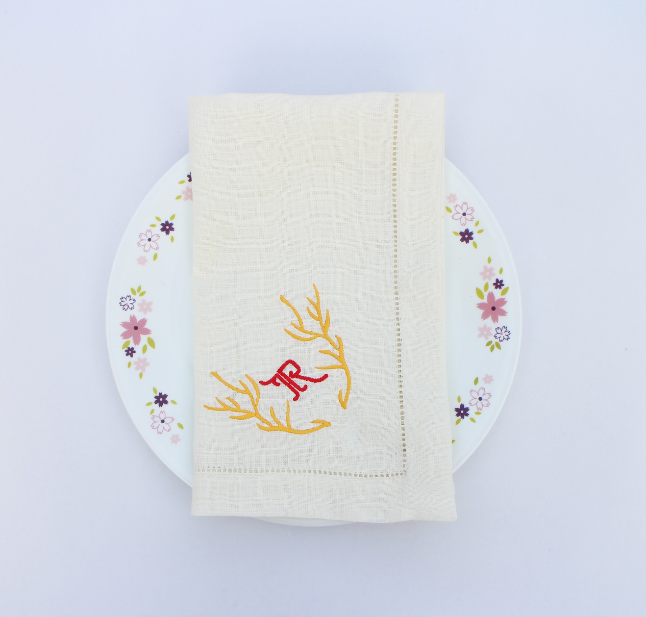 Monogram Christmas deer embroidered dinner napkin